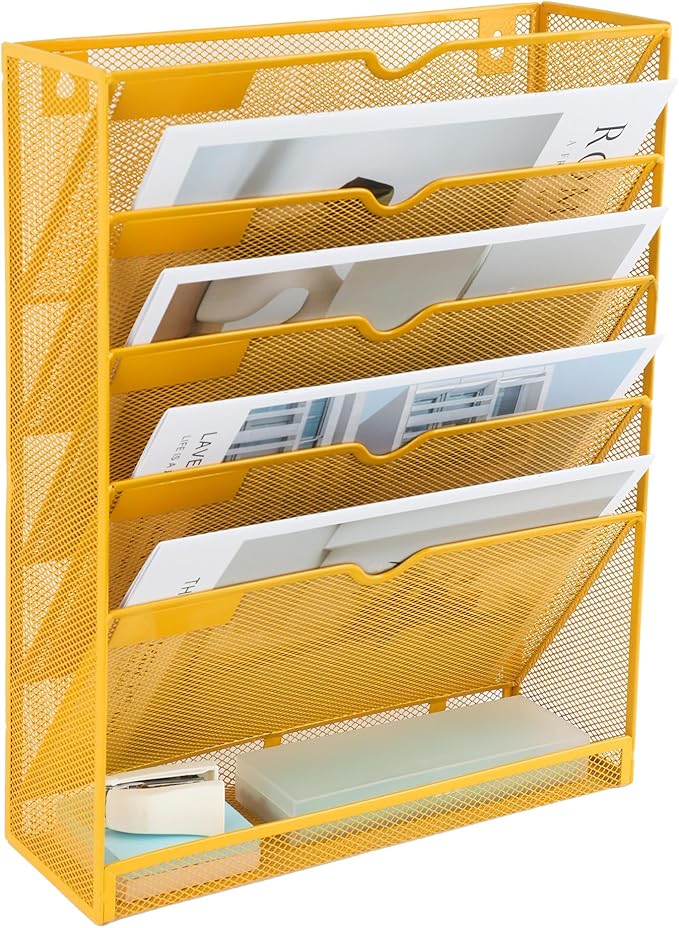 EASEPRES 6 Tier Mesh Hanging Wall File Organizer, Desk Vertical Mail Paper Document Folder Holder Rack with Bottom Tray and Nametag Label for Office Home School, Yellow