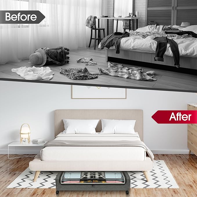 Yecaye Under Bed Storage with Wheels, 4 Pack 60L Under Bed Rolling Storage with Clear Window & Label, Underbed Storage Containers, Rolling Under Bed Metal Drawer for Clothes, Shoes, Books