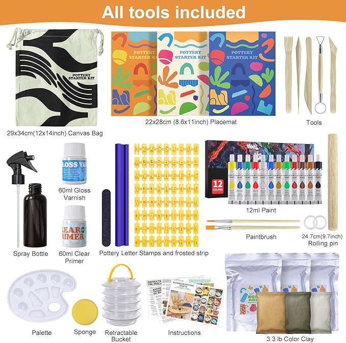 Air Dry Clay for Adults Kids - Pottery Kit for Beginners, Sculpting Tools Set, How-to-Guides, Paints, Brushes, Sponge, Varnish, Letter Stamps, Frosted Strip, Perfect for Party Holiday Craft Gift