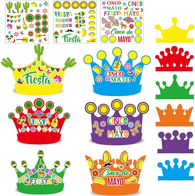 24 Packs Fiesta Cinco De Mayo Mexican Crown for Kids Fiesta Headband DIY Art Craft Cactus Taco Sticker Set Summer Craft Kits for Kindergarten Preschool Home Classroom Game Activities Party Favors