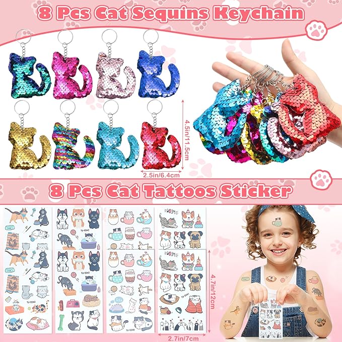 Cat Party Favors Birthday Supplies for Girl Kid Sequin Headband Squishy Toy Keychain Tattoo Sticker Stamper Slap Bracelet Goodie Bag Stuffer Pinata Cat Themed Party Favors Birthday Party Supplies