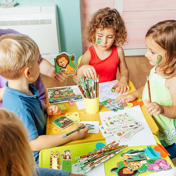 BenLouis 120Pcs Jungle Safari Party Favors Zoo Animals Sticker Stampers Slap Bracelets School Stationery Set Bulk Classroom Prizes for Kids Wild One Party Baby Shower Goodie Bags Fillers