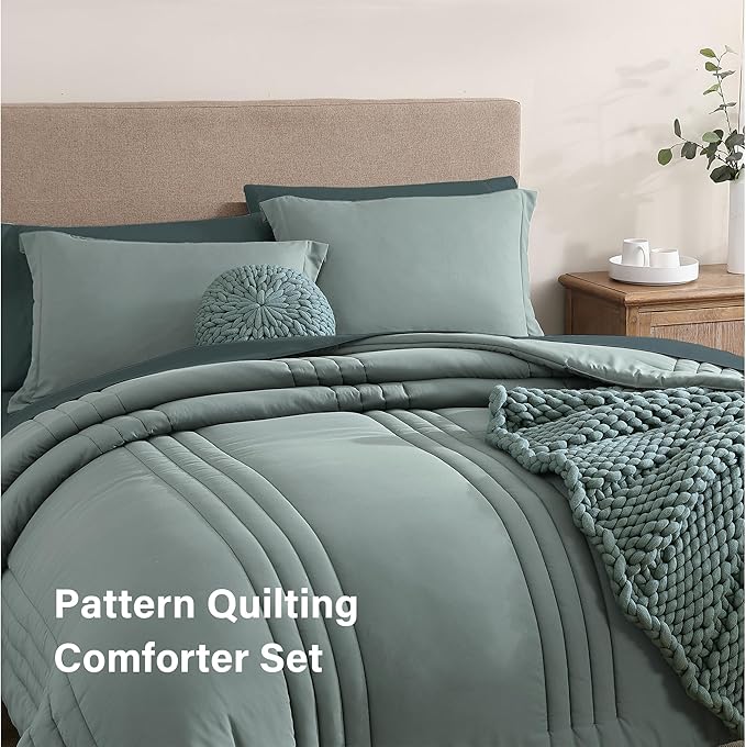 Monbix King Size Comforter Set - 7 Pieces Bed in a Bag King, Sage Green Bedding Sets with Comforter, All Seasons Comforter Bed Set with Sheets, Pillowcases & Shams