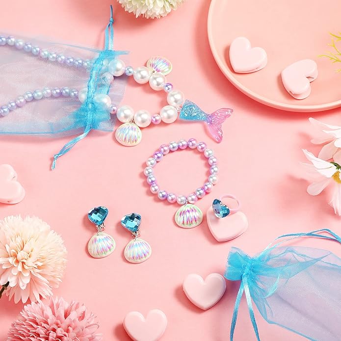 Jadive Mermaid Jewelry for Girls, Kids Mermaid Necklace Bracelet Ring Earrings Set Jewelry Gifts for Kids Toddler Pretend Play Christmas Dress up Party Decorations