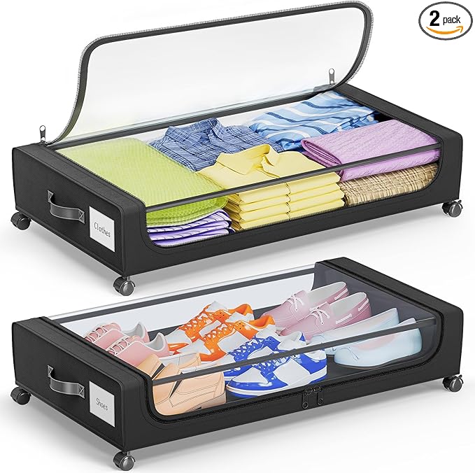 Camkey® Under Bed Storage with 360° Wheels, 2-Pack, 60L Low-Profile Rolling Underbed Bins for Clothes, Shoes, Toys & Books,Easy Pull-Out, Dust Protection, Space-Saving Organizer for Bedroom/Dorm,Black