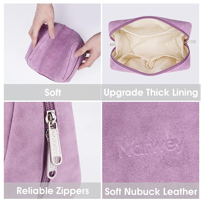 2 Pack Vegan Leather Makeup Bag Zipper Pouch Travel Cosmetic Organizer for Women (Large (Pack of 2), Purple)