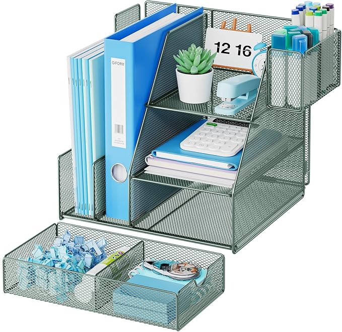 Marbrasse Desk Organizer and Accessories, 3-Tier File Organizer with Drawer and Pen Holder, Small Desktop Organizer and Storage for Workspace Office Supplies Green