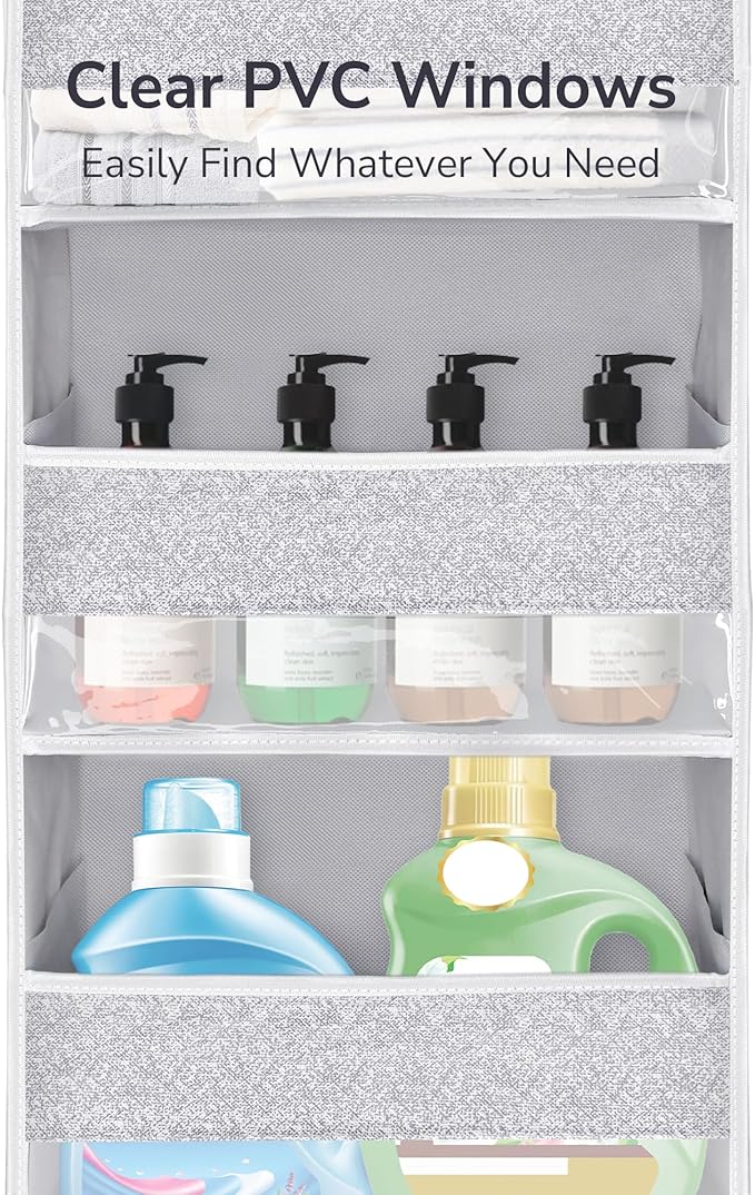 ULG 1 Pack Over Door Organizer with 5 Large Pockets 10 Mesh Side Pockets, Upgraded Linen Texture Over The Door Storage, 44 lbs Weight Capacity Hanging Storage Organizer, Light Gray