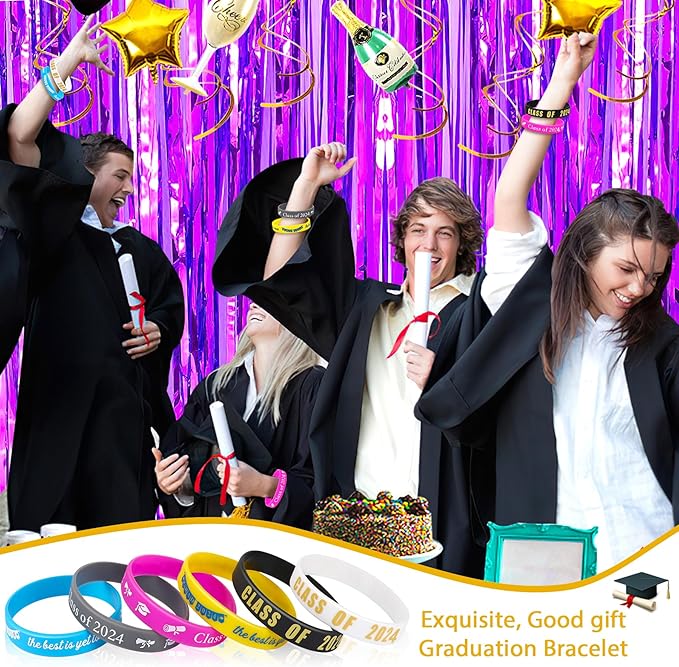 JUNEBRUSHS Class of 2024 Graduation Silicone Bracelets, Congrats Grad Rubber Bands Wristbands for Students Teachers Graduation Celebrating Party Favors High School University Gifts Supplies