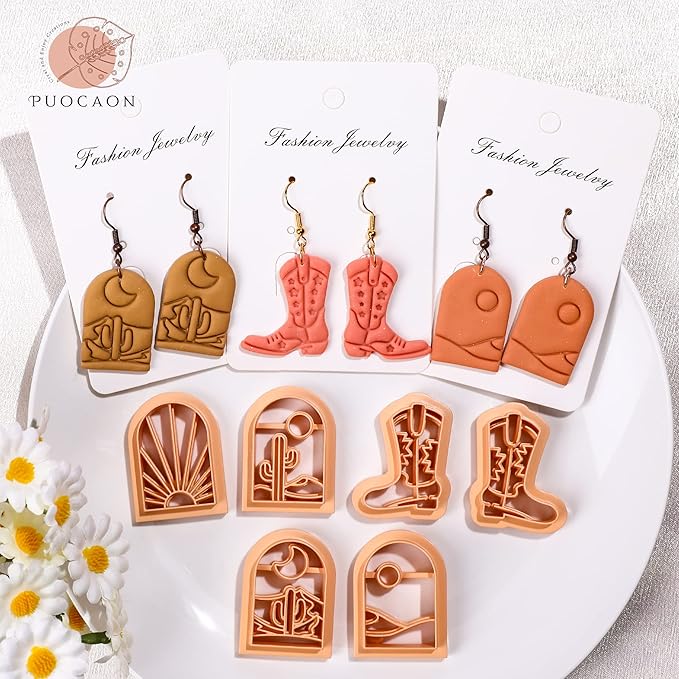 Puocaon Western Polymer Clay Cutters - 9 Pcs Clay Cutters for Earrings Making, Cowboy Hat Boot Clay Cutters Set, Rising Sun Clay Jewelry Cutters, Desert Scene Polymer Clay Cutters for Jewelry Making