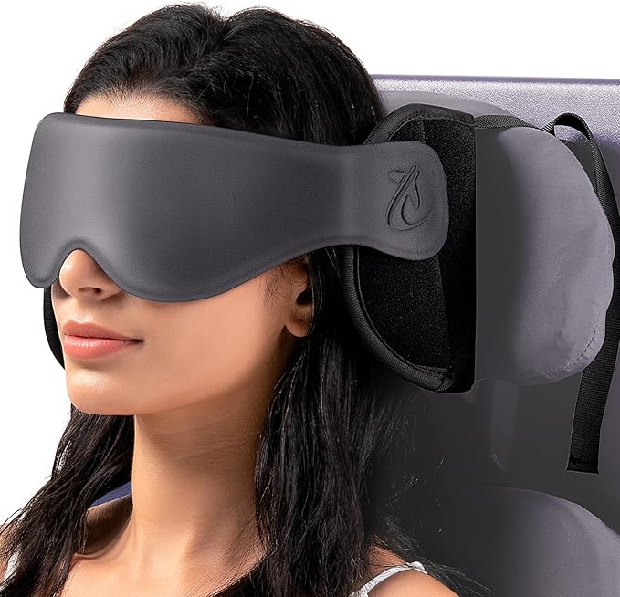 Bonairest Travel Pillow, Airplane Neck Pillow with 3D Eye Mask for Sleeping, Round Edge Plane Head Strap 360°Headrest Support for Long Flight, Stop Bobblehead, Travel Essential for Car Road Trip Grey