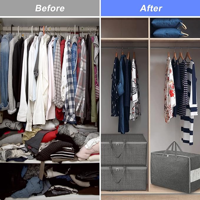 2Pack 105L Extra Large Storage Bags, Folding Comforter Blanket Storage Bags Closet Organizers and Storage Containers with Strong Handles&Zippers Clear Window for Clothes Bedding Pillow, Black