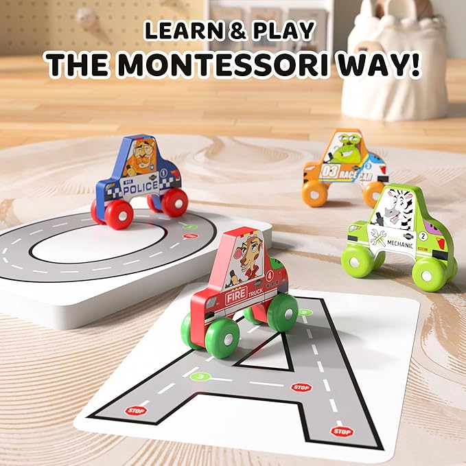 BEKILOLE 4 Wooden Race Cars Montessori Learning Toys for 6-12-18 Months Birthday Gift Travel Toy for 1 2 Year Old Boy Girl Infant Toddlers 8 9 10 Months Old with Tracing Flash Cards
