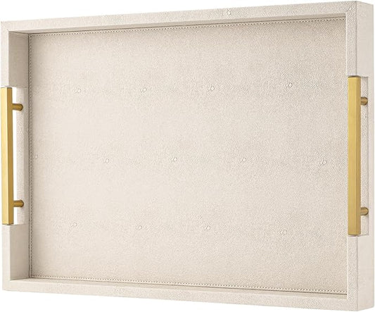 Beige Faux Leather Serving Tray with Handles – Large Decorative Tray for Coffee Table, Ottoman, Living Room, Bathroom – Home Decor