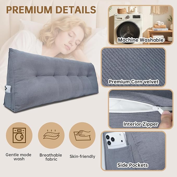 Headboard Pillow Full Bed Wedge Pillow for Dorm, Daybed, Back Support, Sitting Up, Reading, Relaxing, Navy Blue