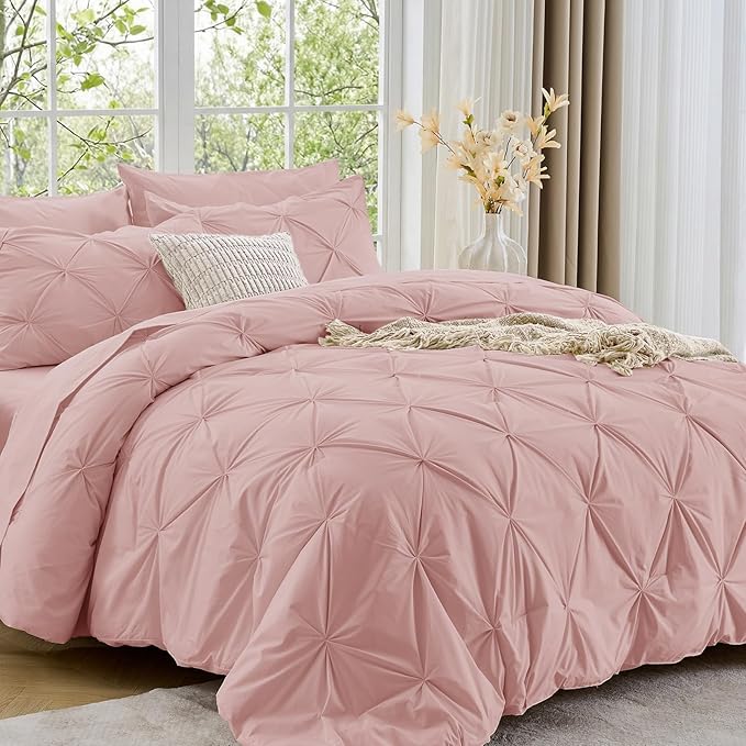 Sasttie Twin Comforter Set, 5-Piece Bed in a Bag, Pintuck Bedding Sets for All Season, Includes Comforter, Flat Sheet, Fitted Sheet, Pillowcase and Pillowsham, Rose Gold