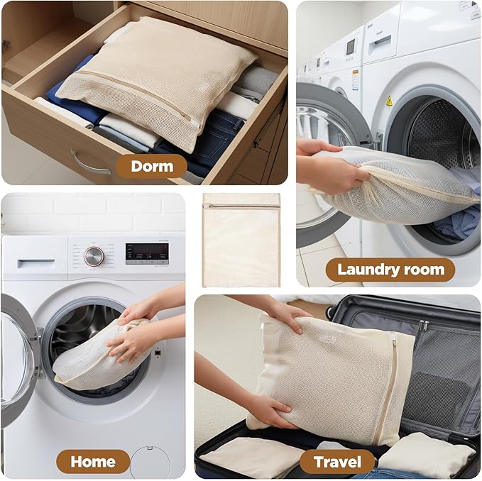 PercyEffie 4 PCS Cotton Mesh laundry Bags for Delicates Large Organic Cotton Mesh Laundry Bags Durable Breathable with Sturdy Zipper Garment Wash Bag for Lingerie Underwear Baby Clothes Pants Socks