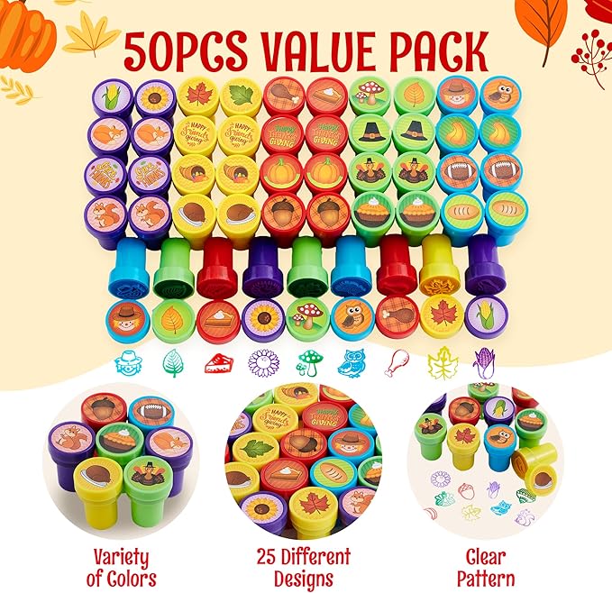 JOYIN 50 Pcs Thanksgiving Stampers, Stamps for Kids Age 3-5, Turkey Party Favor Supplies, Thanksgiving Arts & Crafts for Kids Family Activities, Classroom Exchange Prizes Gift, Fall Stamper Assortment