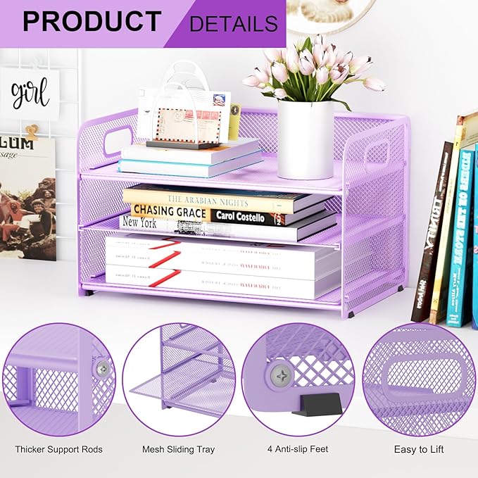 3 Tier Paper Letter Tray Organizer for Desk, Mesh File Folder Document Organizer with Handle for Home Office Supplies Desktop Accessories, Purple
