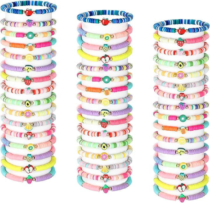 Jadive 48 Pcs Colorful Kids Friendship Bracelet Set Adjustable Stretch Beaded Bracelets Swift Bracelet Preppy Heishi Surfer Bracelets Set Friendship Bracelets for Girls Women Christmas Gift (Fruit)
