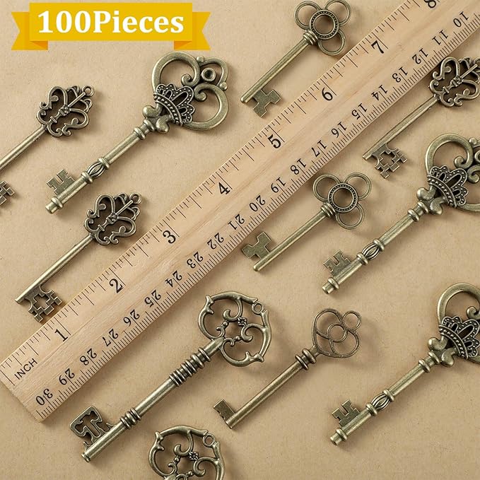 Fumete 100 Pcs Large Vintage Skeleton Key Set Charms Mixed Antique Style Brass Key Set Charms Old Fake Antique Rustic Supplies for DIY Crafts Jewelry Making Necklace Party Decor Decoration(Bronze)