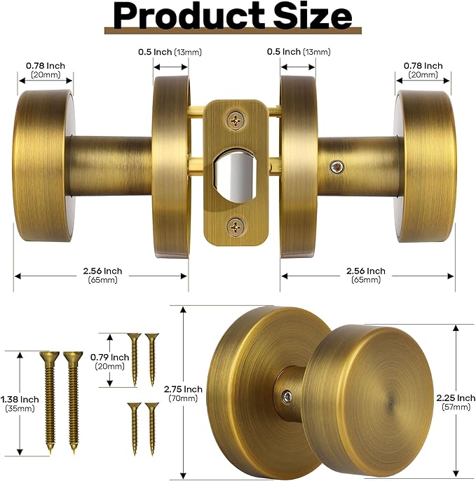 Antique Brass Passage Door Knobs Interior, Old Style Round Door Knob Antique Door Handle for Hallway Pantry Closet Door Knob