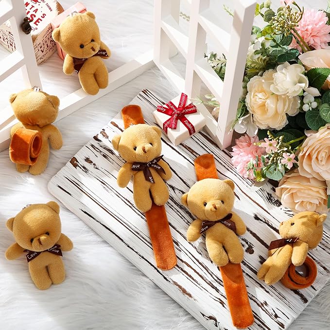 Ceenna 16 Pcs Valentine's Day Bear Stuffed Animal Slap Bracelets Plush Bear Slap Bracelets Adorable Bear Slap Wrist Bracelets Bulk for Birthday Party Favors Goodie Bag Fillers(Bear,Khaki)
