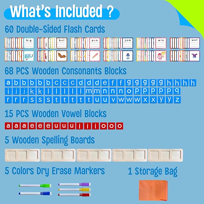 154 PCS Wooden CVC Word Spelling Game, Short Vowel Spelling Flashcards Sight Words Flash Cards Montessori Early Educational Toys for Preschool Kindergarten (5 Dry Erase Marker Included)