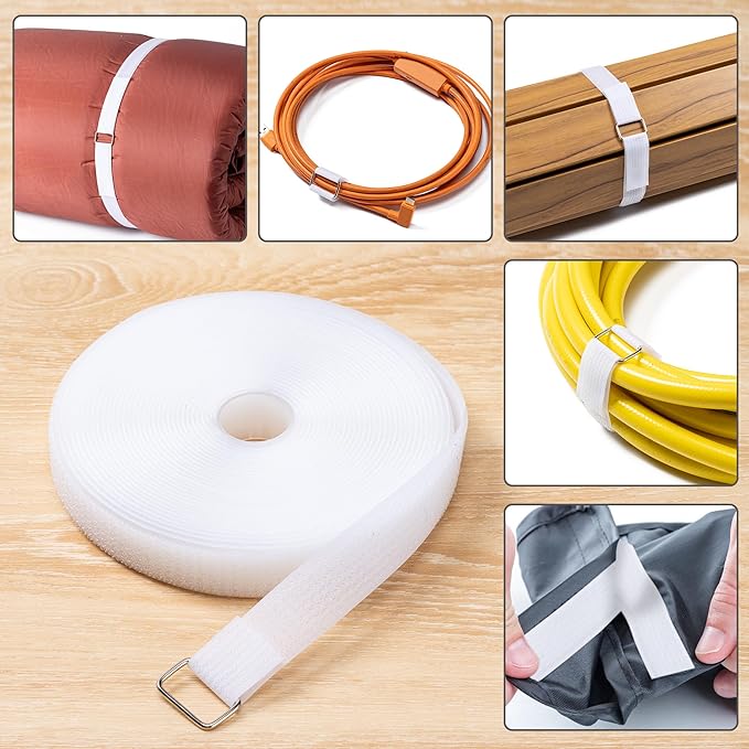 1" x16Ft Hook and Loop Straps with 25 Metal Buckles, Adjustable Fastening Cable Straps, Free Cut Length, Reusable Nylon Cable Ties for Organizer or Storage, White