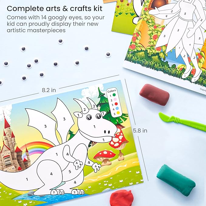 Arteza Kids Air-Dry Clay, 36 Bars, Magical Creatures Modeling Clay-by-Numbers Kit, 7 Magical Cards, 14 Googly Eyes, Craft Supplies for Learning Centers and Educational Playtime