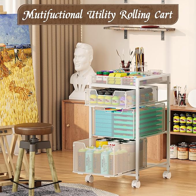 Rolling Utility Cart with 3 Drawers, Craft Organizer and Storage with DIY Divider, Lockable Wheels, Multi-Functional Storage for Art Supplies, Store for Brushes & Paints & Artifacts,White