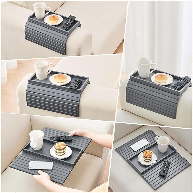 GEHE Bamboo Sofa Arm Tray, Foldable Couch Arm Tray Side Table, Anti-Falling Armrest Tables Cup Holder for Snacks, Drinks, Beers, Phone, Control, Flexible and Portable, Anti-Slip