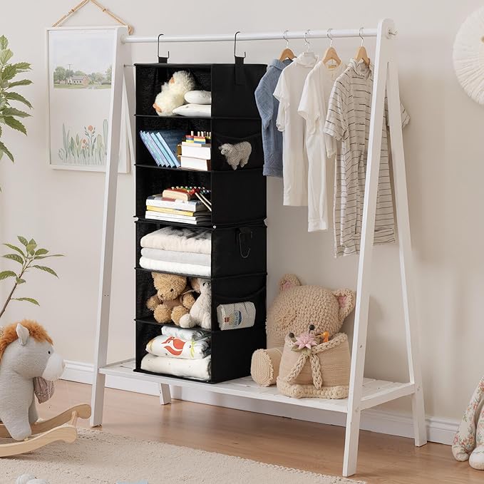 StorageWorks Hanging Closet Organizer 6-Shelf, Jumbo Separable Two 3 Shelf Closet Storage Organizer with Side Pockets, Portable Hanging Shelves for Wardrobe, RVs, 13" D x 15" W x 48 ¼"H, Black