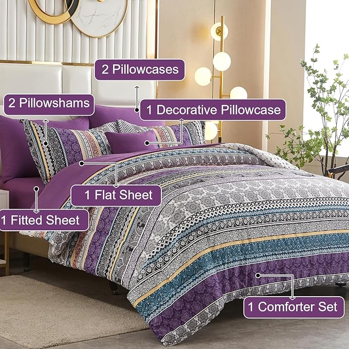 Boho Comforter Set California King Size,8 Piece Bed in a Bag Bohemian Striped Bedding Quilt Set,Purple Paisley Floral Comforter and Sheet Set,Soft Microfiber Complete Bedding Sets for All Season