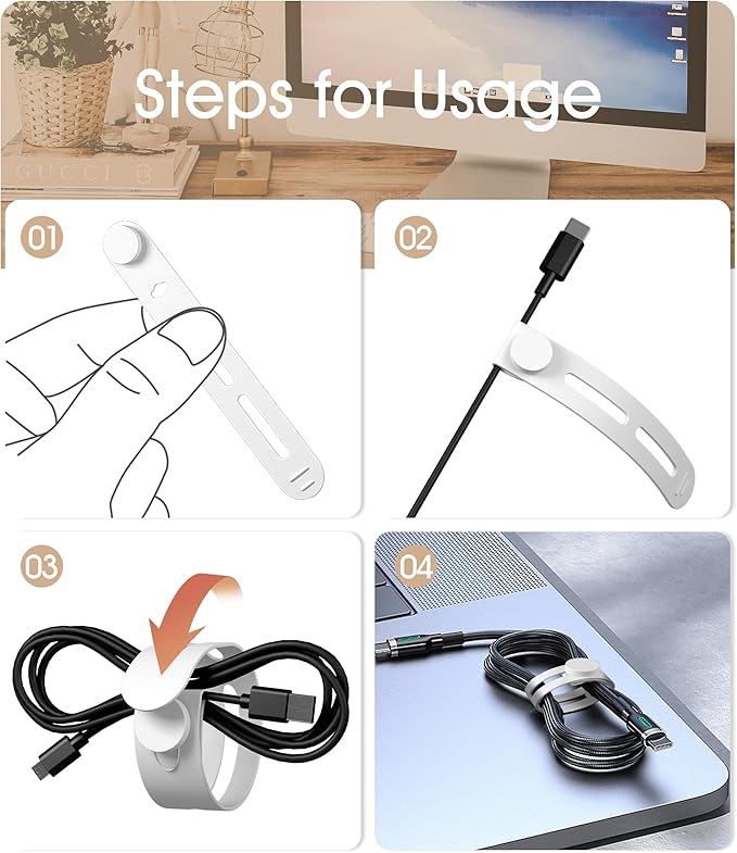 40Pcs Nearockle Reusable Cable Ties, Adjustable Silicone Cord Organizer Small Zip Ties for Charging Cords Earphone Computer Wire, Office Desk Cable Management Travel Accessories(White)