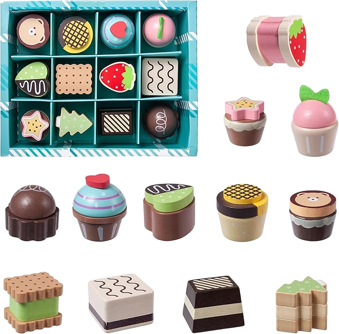 13pcs Wooden Dessert Set Toddler Pretend Play Toy Food, Sweets Playset with Muffin, Cupcake, Chocolate Cake & Roll, Kids Food Toys Play Kitchen Accessories Boys and Girls Birthday Gift