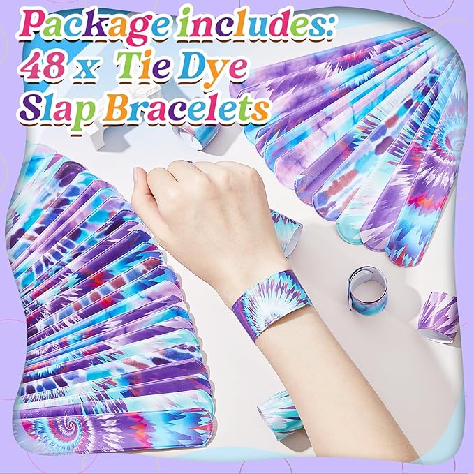 Lewtemi 48 Pcs Tie Dye Slap Bracelets Tie Dye Party Favors, Colorful Tie Dye Wristbands Bracelets for Kids Boys and Girls, Goodie Bag Fillers, Carnival Prize, Party Decorations(Lively Style)