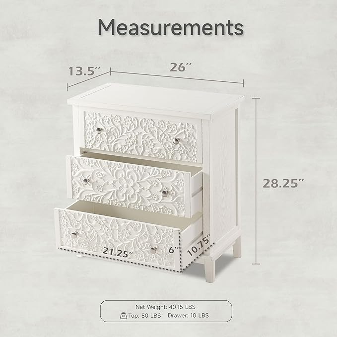 COZAYH 3-Drawer Fully-Assembled Flower Motif Dresser, Set of 2 Nightstand for French Country, Farmhouse, Modern, Rustic Style, Distressed Finish, White-Washed