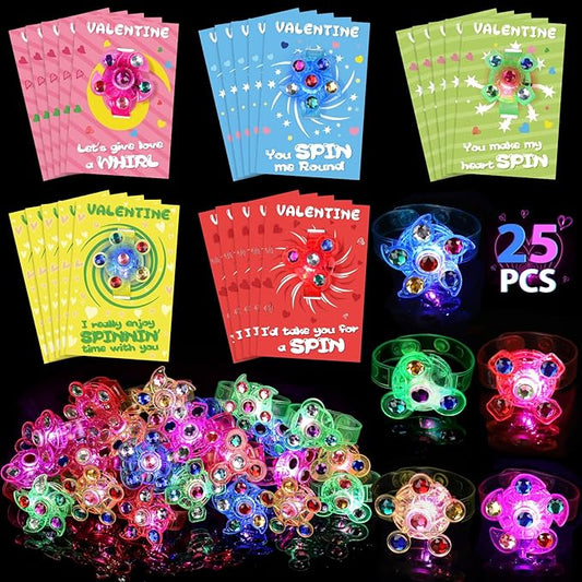 25 Pack Valentines Day Gifts for Kids, LED Light Up Fidget Spinner Bracelets with Valentines Day Cards for Kids Classroom Exchange School Prizes Valentine Party Favors Gifts for Boys Girls 3 4 5 6 7+