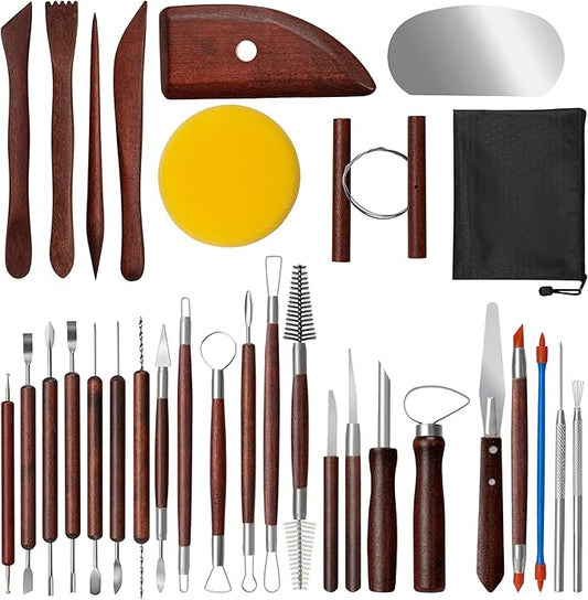 Amrules Clay Tools Kit, 31 PCS Red Pottery Tools, Practical Polymer Clay Sculpting Tools Kit, Air Dry Clay Tools Set for Adults, Pottery Craft, Dotting, Carving, Drawing, Molding, Modeling, Shaping