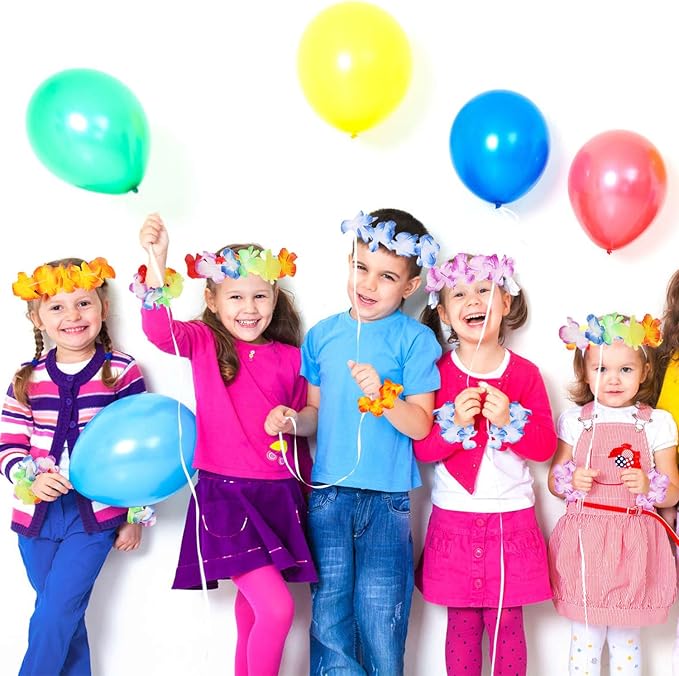 INNOCHEER 40 Pcs Hawaiian Leis, Luau Party Supplies of Elastic Flowers Necklaces, Headbands and Wristbands - Tropical Hawaiian Decorations, Beach Party Decorations, Birthday Party Favors