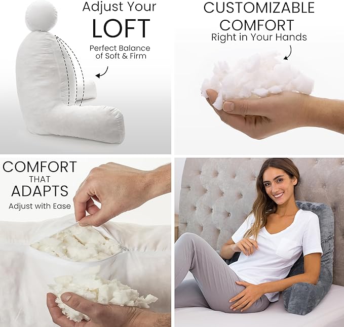 Husband Pillow Dark Grey, Standard+ Original Reading Pillow in Bed Rest Chair, Shredded Memory Foam Large Lounge Cushion Adult Backrest w/Arms, Comfy Back Support for Sit Sitting Up, Removable Cover