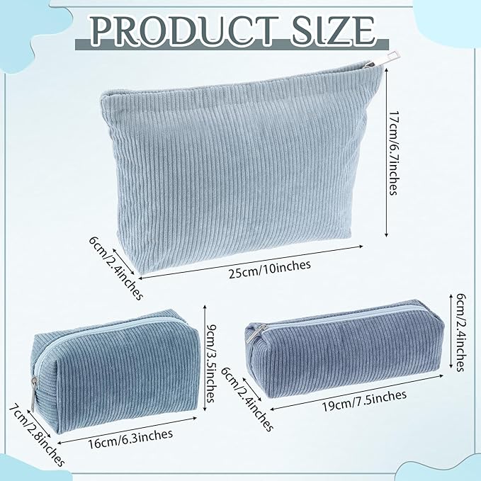 Huhumy 3 Pcs Makeup Bag Set for Women Corduroy Cosmetic Pouch Aesthetic Smile Travel Toiletry Bag Cute Purse Pouch Pencil Case Makeup Brushes Storage Organizer for Valentine(Blue,Gradient)