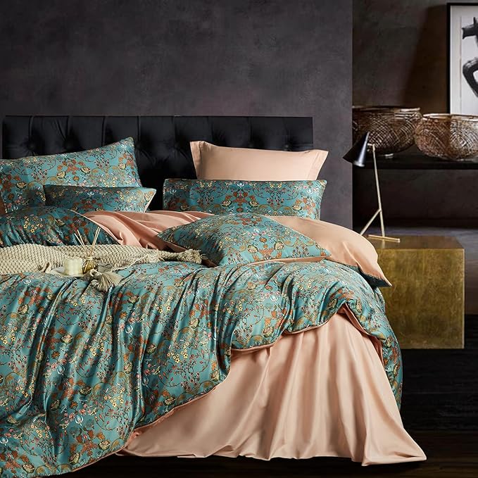 Vintage Style Duvet Cover Set,5 PCS Boho Comforter Cover Set,Paisley Floral Bedding Set,Green Floral Duvet Cover,Queen Duvet Cover,Soft Reversible Design(Autumn,Queen)