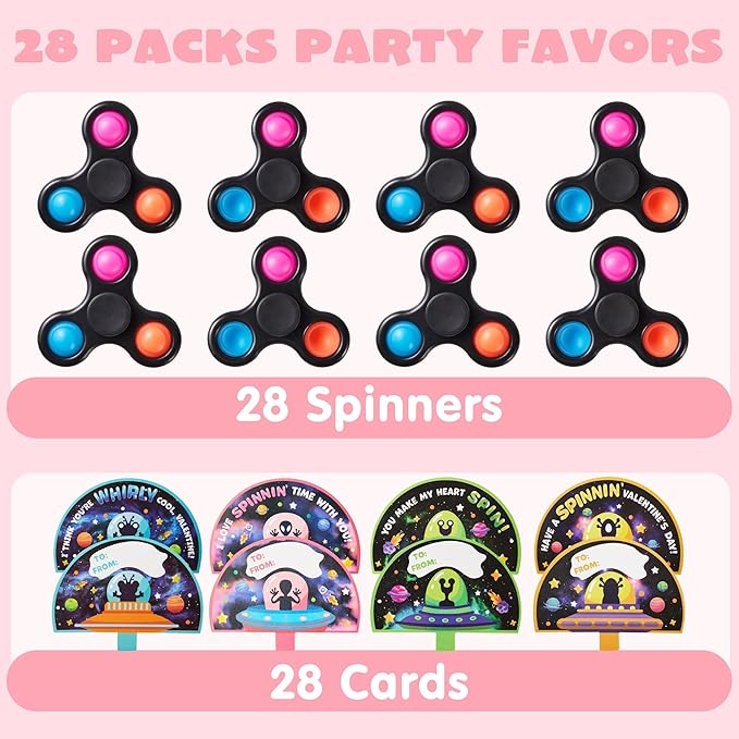 JOYIN 28 Packs Valentines Cards with Alien Style Fidget Spinner for Kids, Stress Relief Hand Finger Spinner Fidget Toy for Classroom Exchange, Valentine's Party Favors, Party Game Prizes for Kids