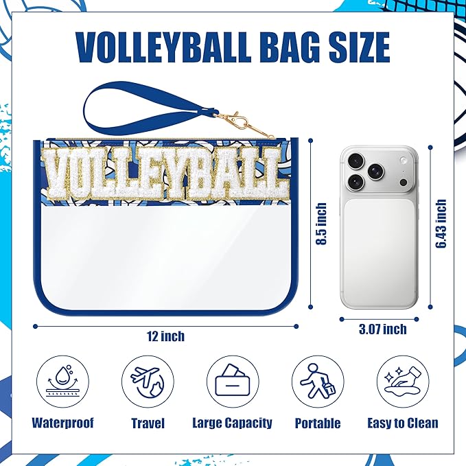 BuyCard Volleyball Gifts Makeup Bag with Chenille Letter Patch, Clear Cosmetic Pouch PVC Organizer Purse, Waterproof Travel Bag, Portable Toiletry Storage Bag for Her Friends