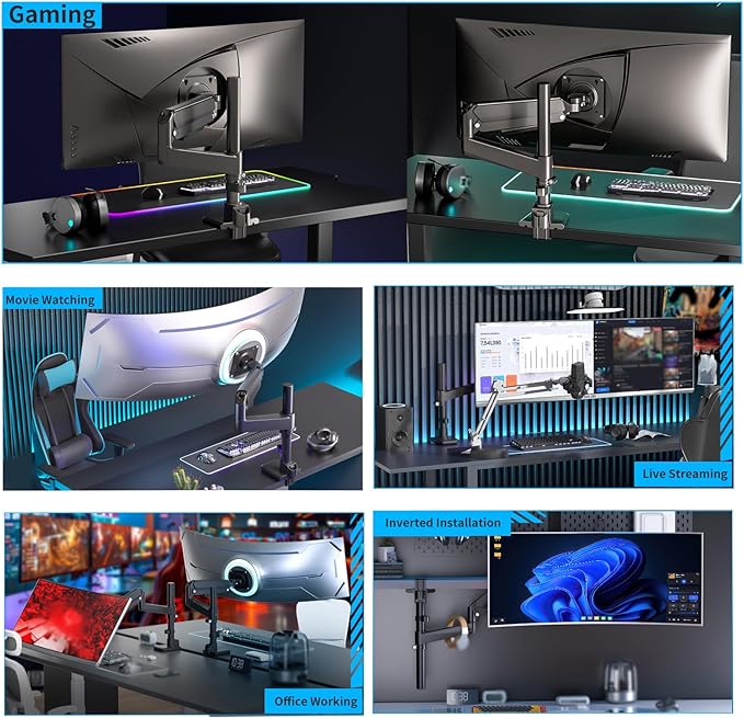 GUZHIKU Monitor Arm for 17 to 60 inch, Hold 44 lbs, Fully Adjustable Heavy Duty Desk Mount, Monitor Stand Fit 57 55 49", Ultrawide Monitors Bracket Clamp/Grommet Base VESA 75x75/100x100, Black,H9B