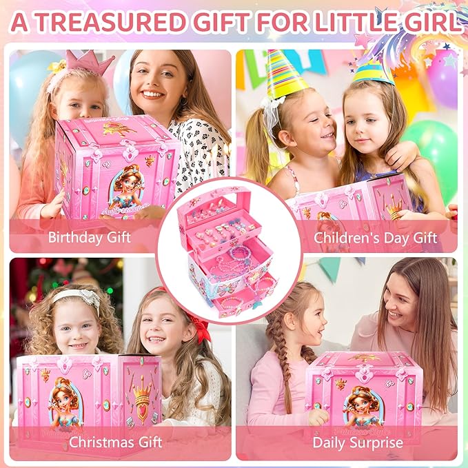 Jewelry Box for Girls, Unicorn Toys for Girls Age 4-6 Kids Jewelry Box, Toddler Girl Jewelry Set with Princess Necklaces/Bracelets/Earrings/Rings, Funny Christmas Birthday Gifts for 3-6 Year Old Girl
