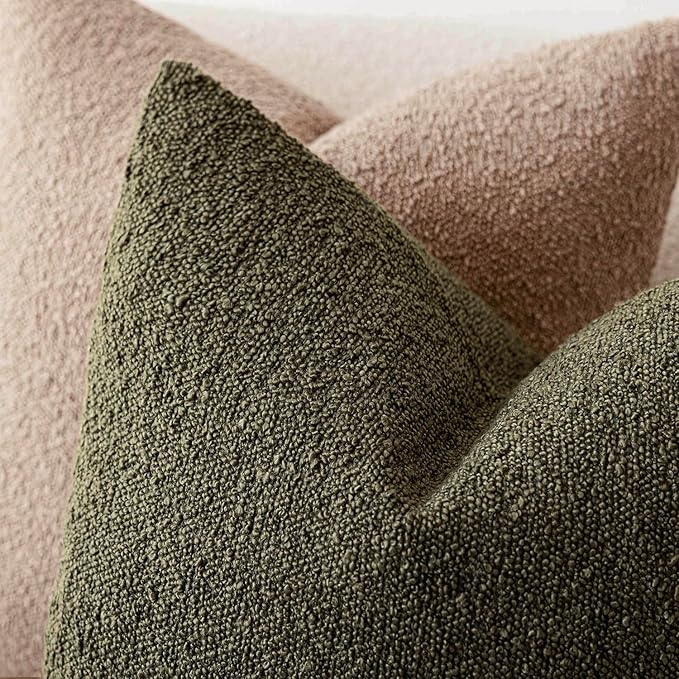 Foindtower Pack of 2, Decorative Textured Boucle Throw Pillow Covers Neutral Accent Solid Pillow Cases Cozy Soft Couch Cushion Case for Chair Sofa Bedroom Living Room Home Decor 22x22 Inch Moss Green