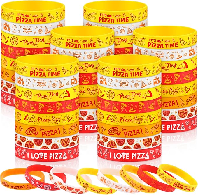 48Pcs Pizza Party Wristbands Silicone Bracelets Pizza Birthday Party Supplies Pizza Theme Stretch Bracelets Gifts for Women Men Teen Pizza Party Favors School Prizes, 8 Styles